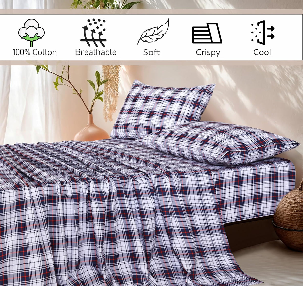 Ruvanti 100% Cotton Percale Sheets Queen Size – Crisp Cooling Bed Sheets for Hot Sleepers, Deep Pocket 16”, Soft Breathable & Durable Hotel…