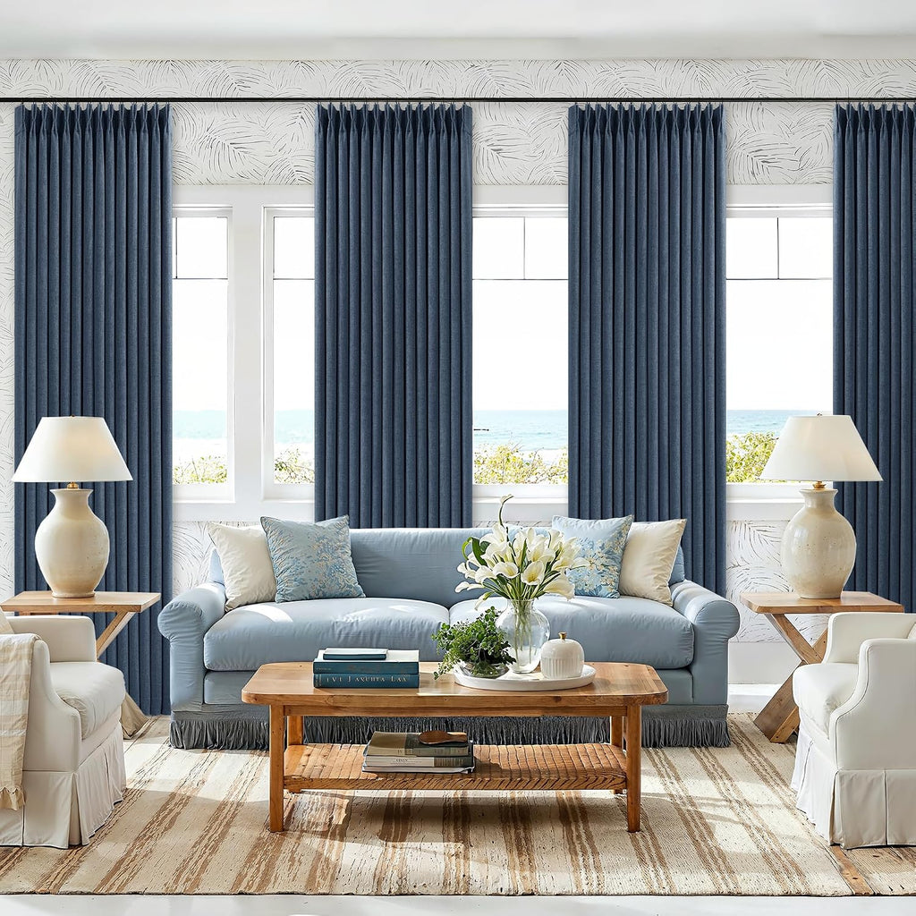80 Inch Pinch Pleated Blackout Linen Curtains for Bedroom 2 Panels Memory Trained 100% Black Out Soundproof Room Darkening Navy Window…