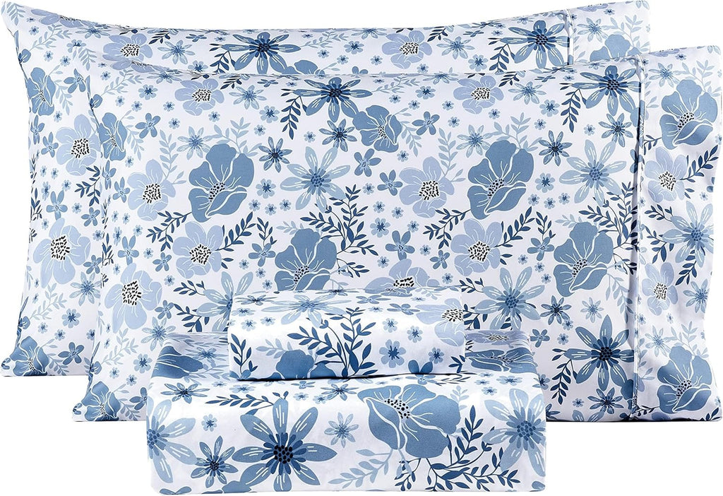 mooreeke Full Size Sheets Set - 4 Piece Soft Breathable Microfiber Bed Sheet Set - Blue & White Flower Pattern Sheet Set Full - Deep Pocket…