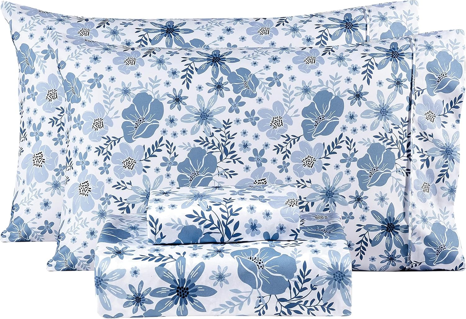 mooreeke Full Size Sheets Set - 4 Piece Soft Breathable Microfiber Bed Sheet Set - Blue & White Flower Pattern Sheet Set Full - Deep Pocket…