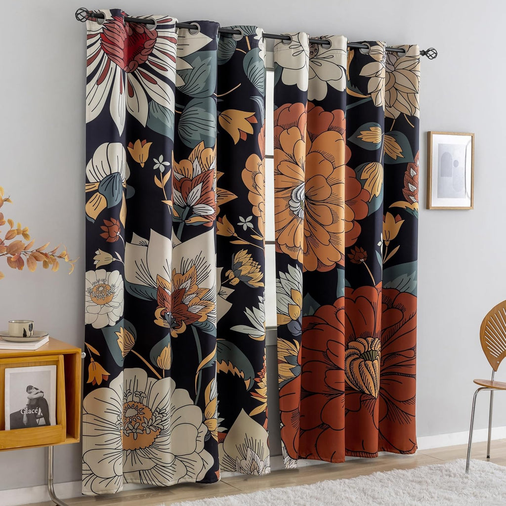 Tyrot Black Boho Floral 100% Blackout Curtains for Bedroom 63 inch Long 2 Panels Mid Century Botanical Black Out Curtains for Living Room…