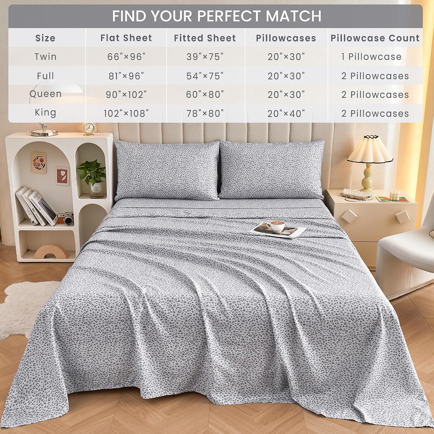 mooreeke Leopard Cheetah Printed Full Bed Sheets, Soft Microfiber Bedding Sheets & Pillowcases, Deep Pocket Non-Slip Fitted Full Sheet, Sil…
