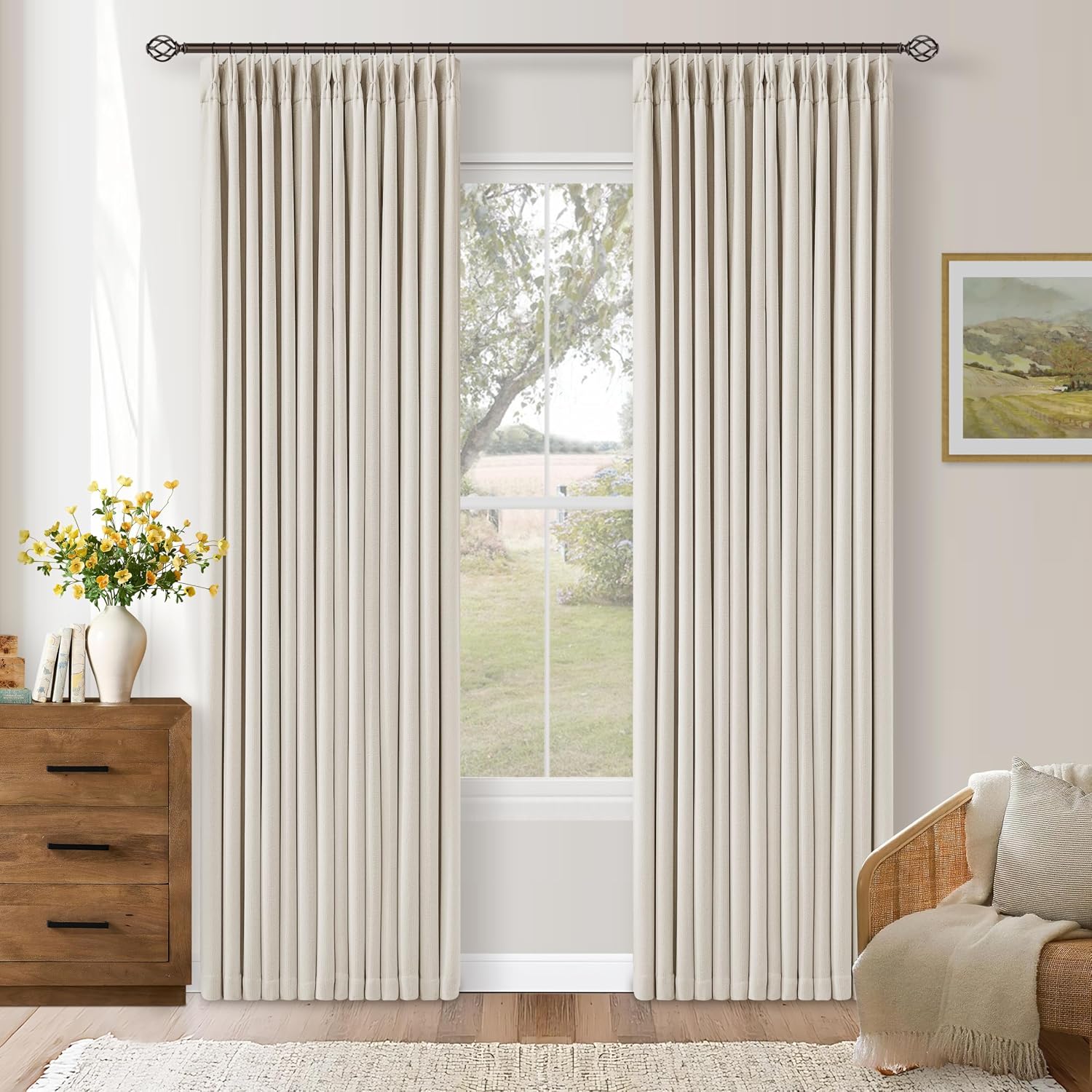 Twodrapes Pleated Cream Ivory 86 Inch Blackout Curtains for Living Dining Room 2 Panels Set Boho Farmhouse Pinch Pleat Natural Linen Black…