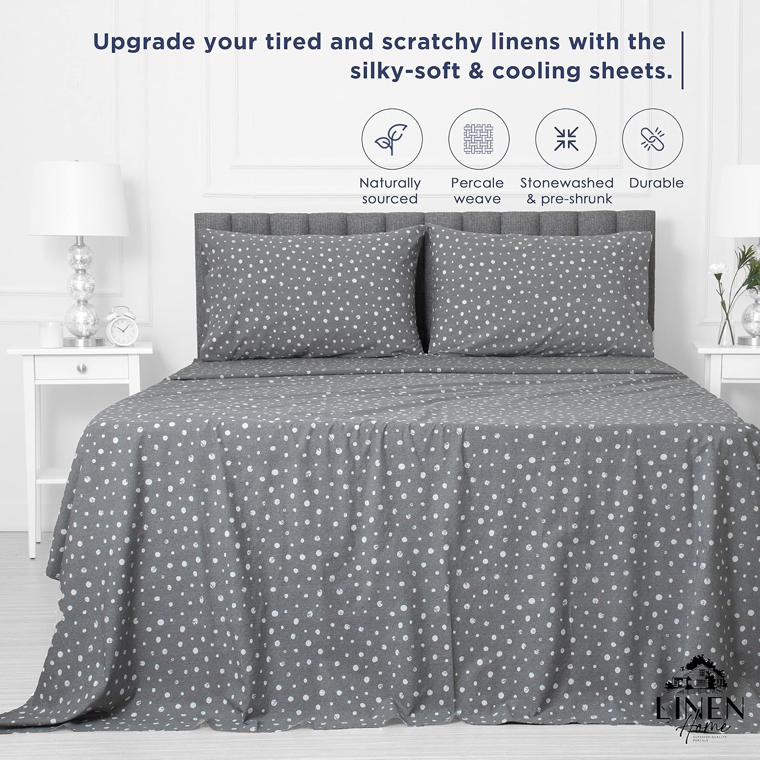 Linen Home Cotton Lyocell Blend Percale Sheet Set Queen Size - 4 Piece Deep Pocket Bedding, Pre-Washed & Shrunk, Crisp Cooling Fabric…