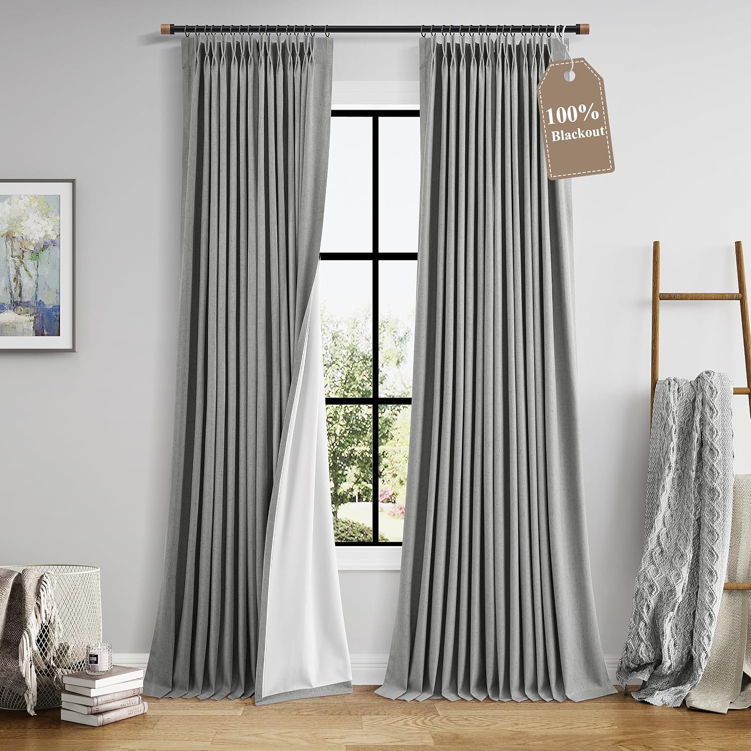Boodii Dark Grey 100% Blackout Linen Pinch Pleated Curtains 96 Inches Long 2 Panels for Living Room Bedroom Memory Trained Thermal Insulate…