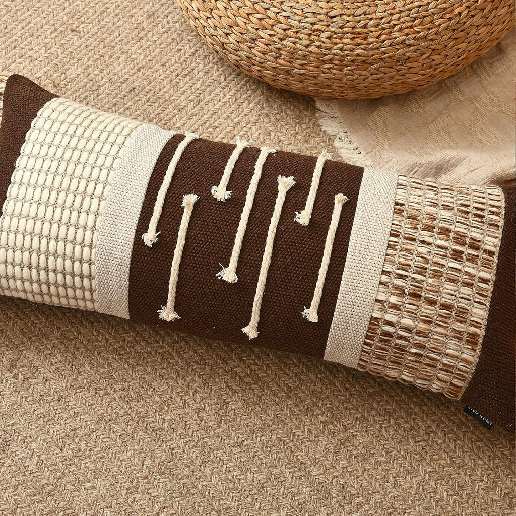 Aibuhome Decorative Lumbar Pillow Cover 12x28, Boho Woven Farmhouse Cotton Linen Cushion Case with Tassels & Hidden Zipper, Lumbar Throw Pi…