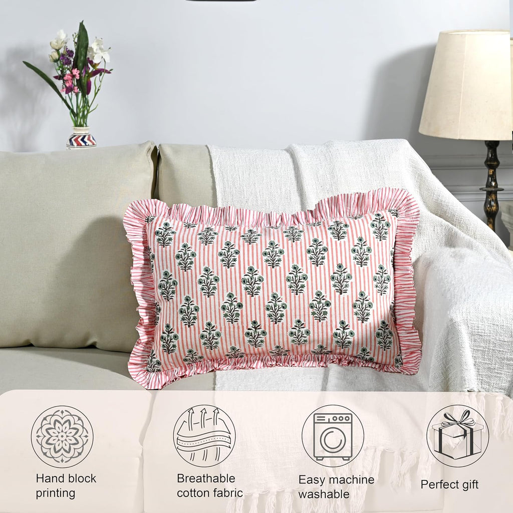 Ridhi Block Print Salmon Blossom 20"x12" Set 1-100% Cotton Ruffle Lumbar Sham Cover Boho Floral Pillowcase, Farmhouse Cottagecore…