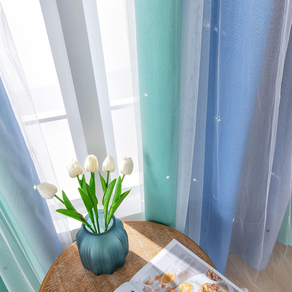 Addsomecolortolife XiDi Dream Star Blackout Curtains for Kids Rooms Girl Princess Curtain for Daughter Bedroom Window (Blue Green Grey, W52…