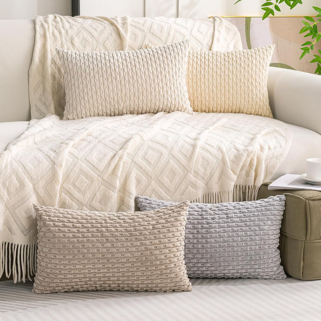 Cozoomy Set of 4 Neutral Decorative Throw Pillow Covers 12x20 Inch Corduroy Pillow Covers for Bed Couch Sofa Living Room Soft Cushion Cases…