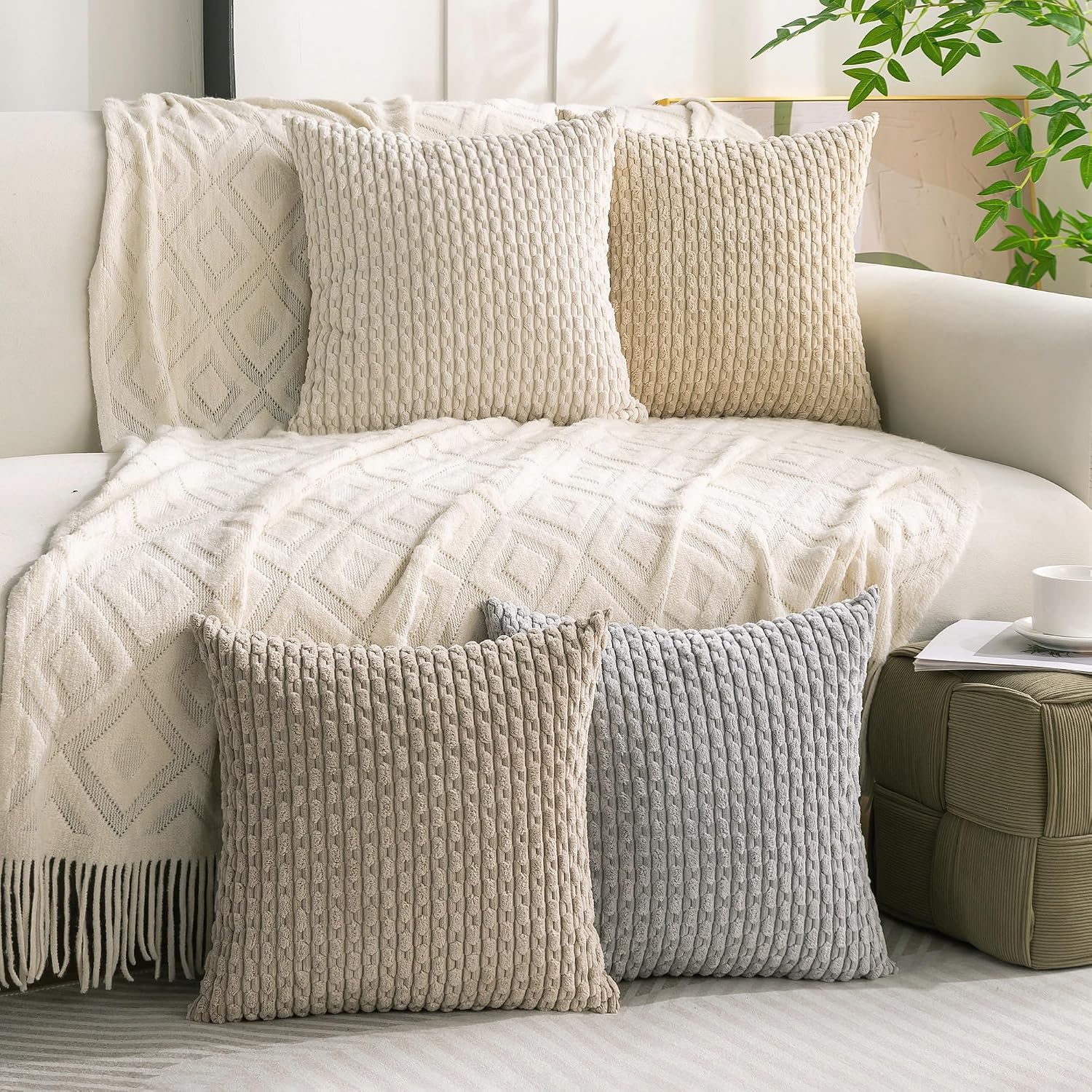 Cozoomy Set of 4 Neutral Decorative Throw Pillow Covers 16x16 Inch Corduroy Pillow Covers for Bed Couch Sofa Living Room Soft Square Cushio…