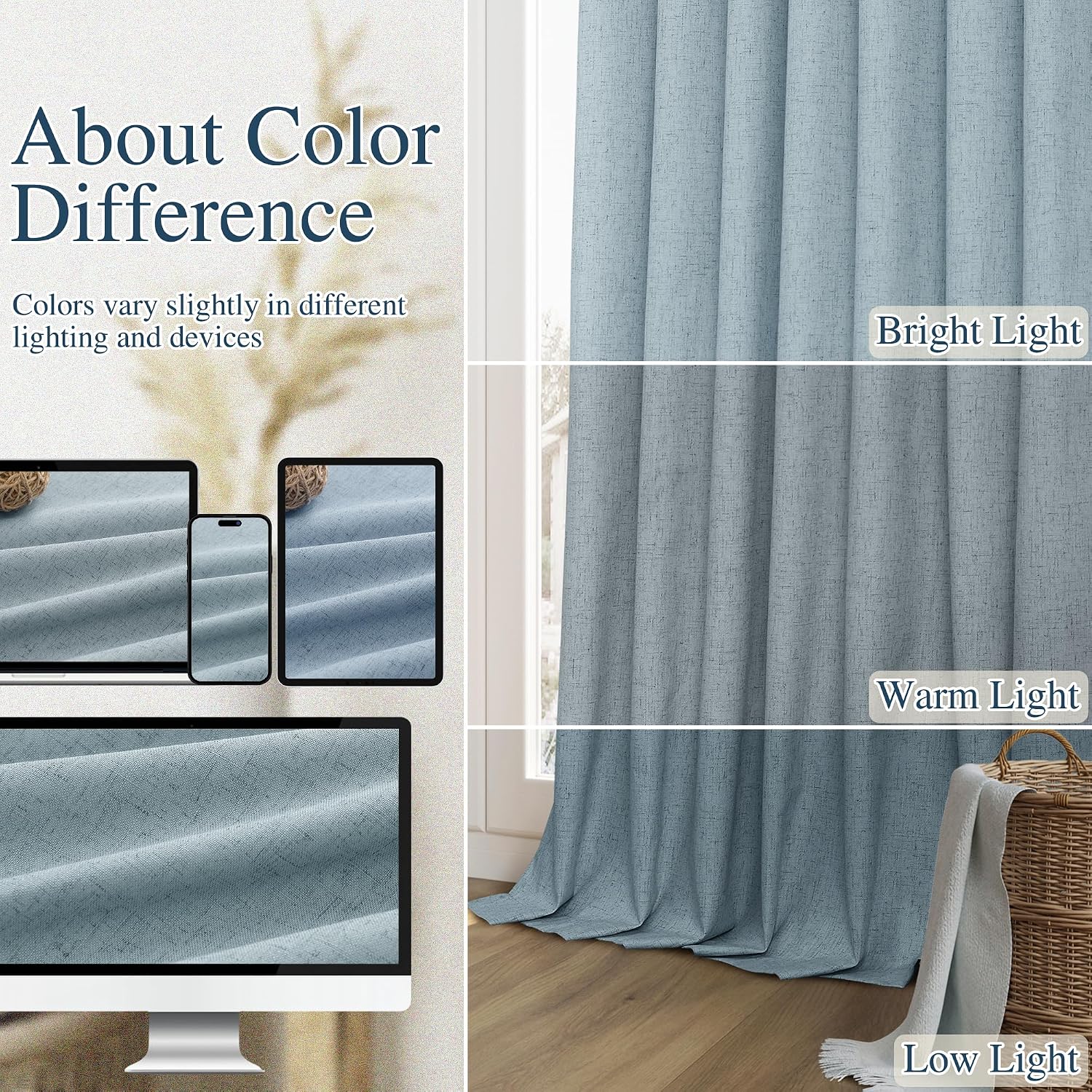 Guken Blue 100% Blackout Linen Curtains 102 Inch Length 2 Panels Set for Living Room Bedroom Back Tab Rod Pocket Thermal Insulated Black Ou…