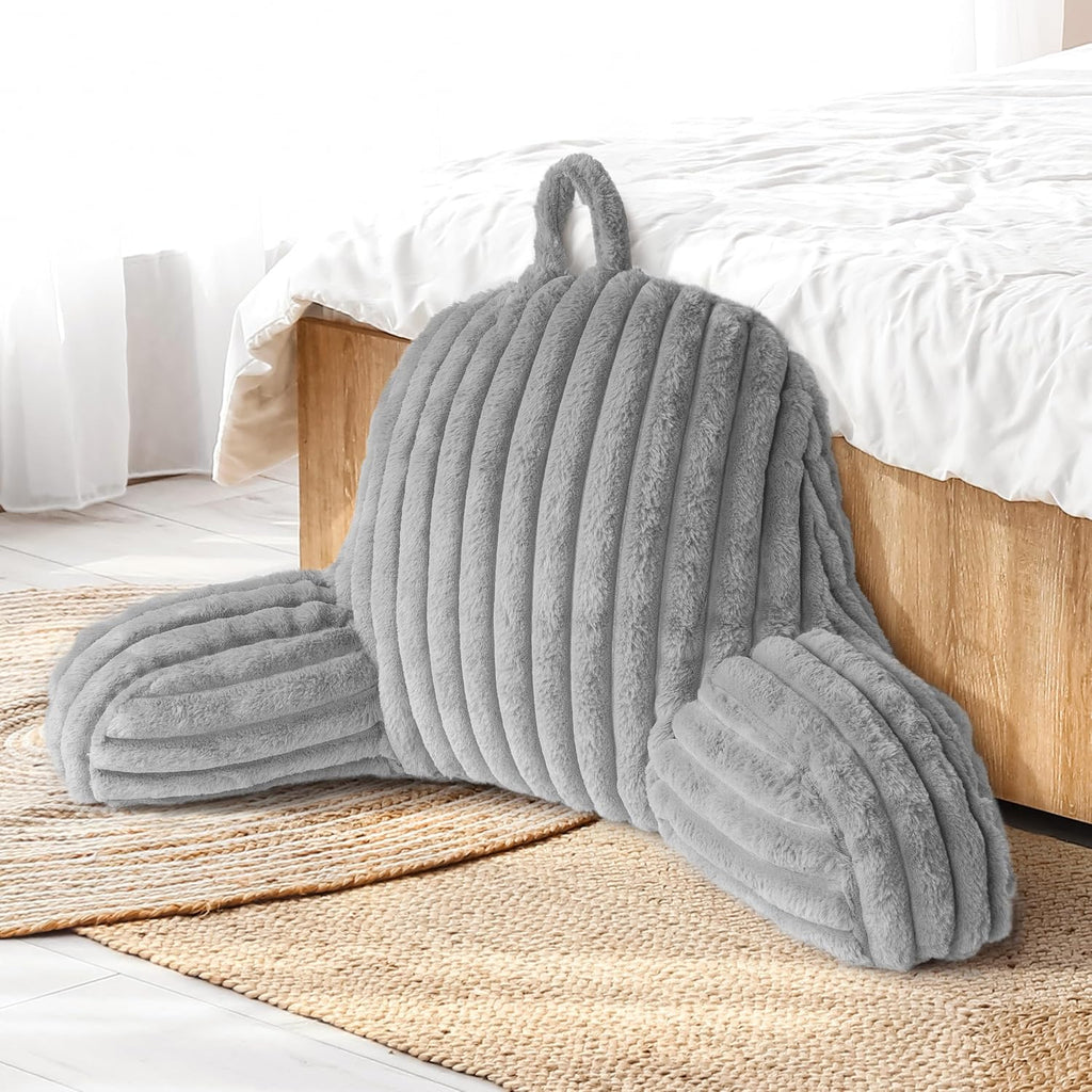 Aels Large Reading Pillow Replacement Cover with Arms and Pockets (Cover ONLY), 18" Soft Faux Fur Striped Backrest Pillow Cover Fits Standa…
