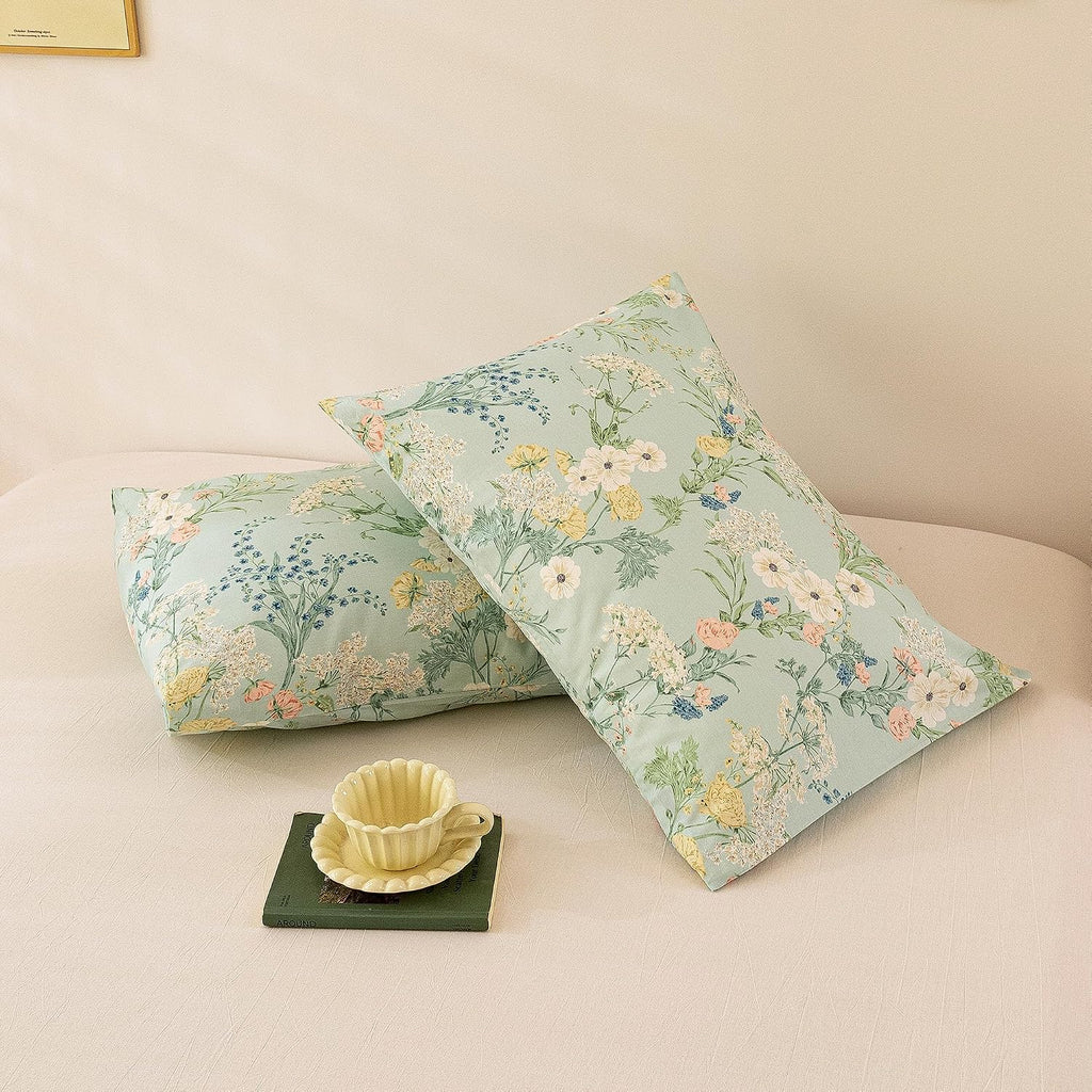 ECOCOTT Sage Green Floral Pillowcases Standard Size Set of 2, 100% Washed Cotton Pillow Cases with Envelope Closure, Botanical Wildflower…