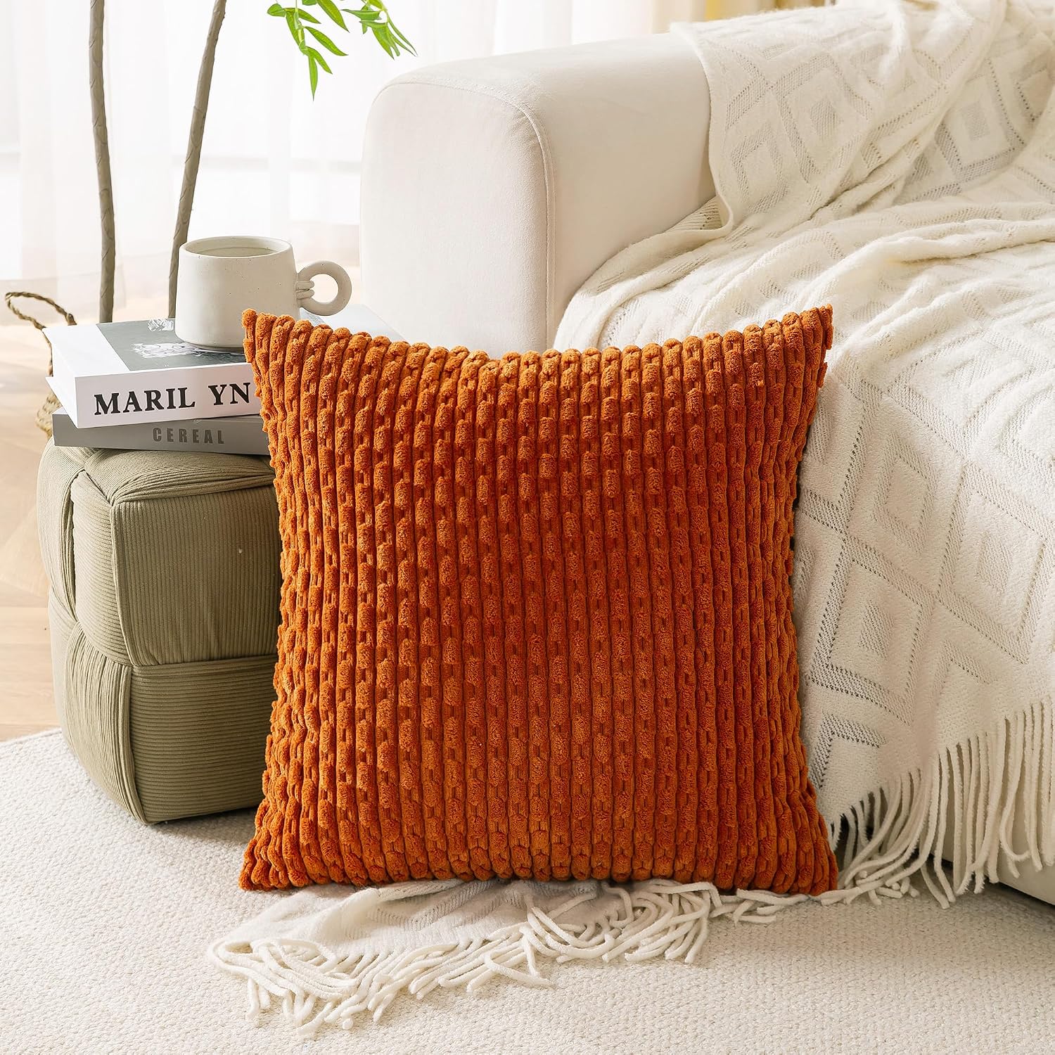 Cozoomy Set of 4 Burnt Orange Decorative Throw Pillow Covers 26x26 Inch Corduroy Pillow Covers for Bed Couch Sofa Living Room Soft Square C…
