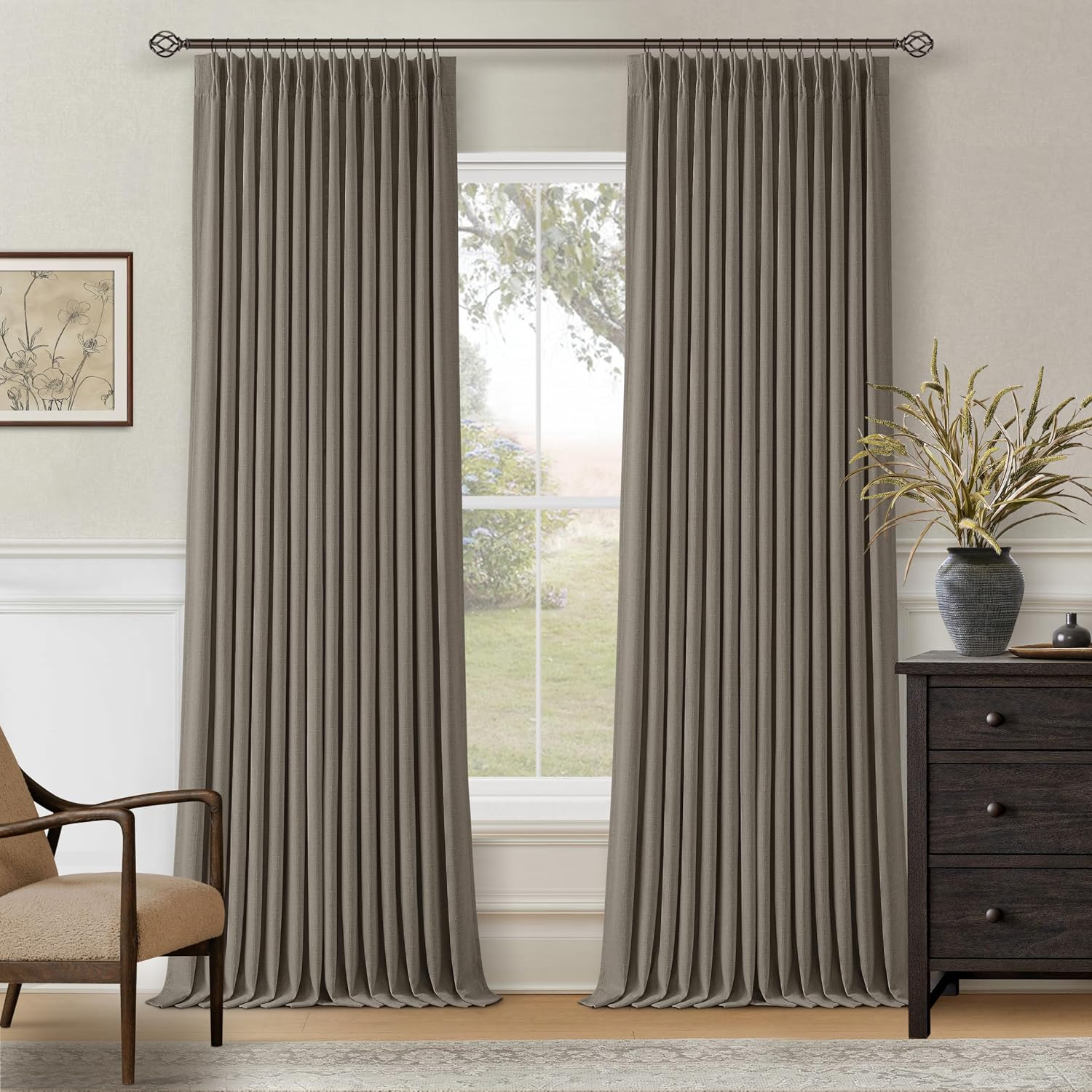 Twodrapes Dark Flax 100 Inch Blackout Pinch Pleated Curtains 2 Panel Set for Living Room Darkening Thick Linen Textured 100% Black Out Drap…