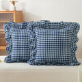 Jilboo 2 Pack 18 x18 inches Navy Blue/White Checkered Throw Pillow Covers 100% Washed Cotton Vintage Ruffle Trim Decorative Gingham Pillowc…