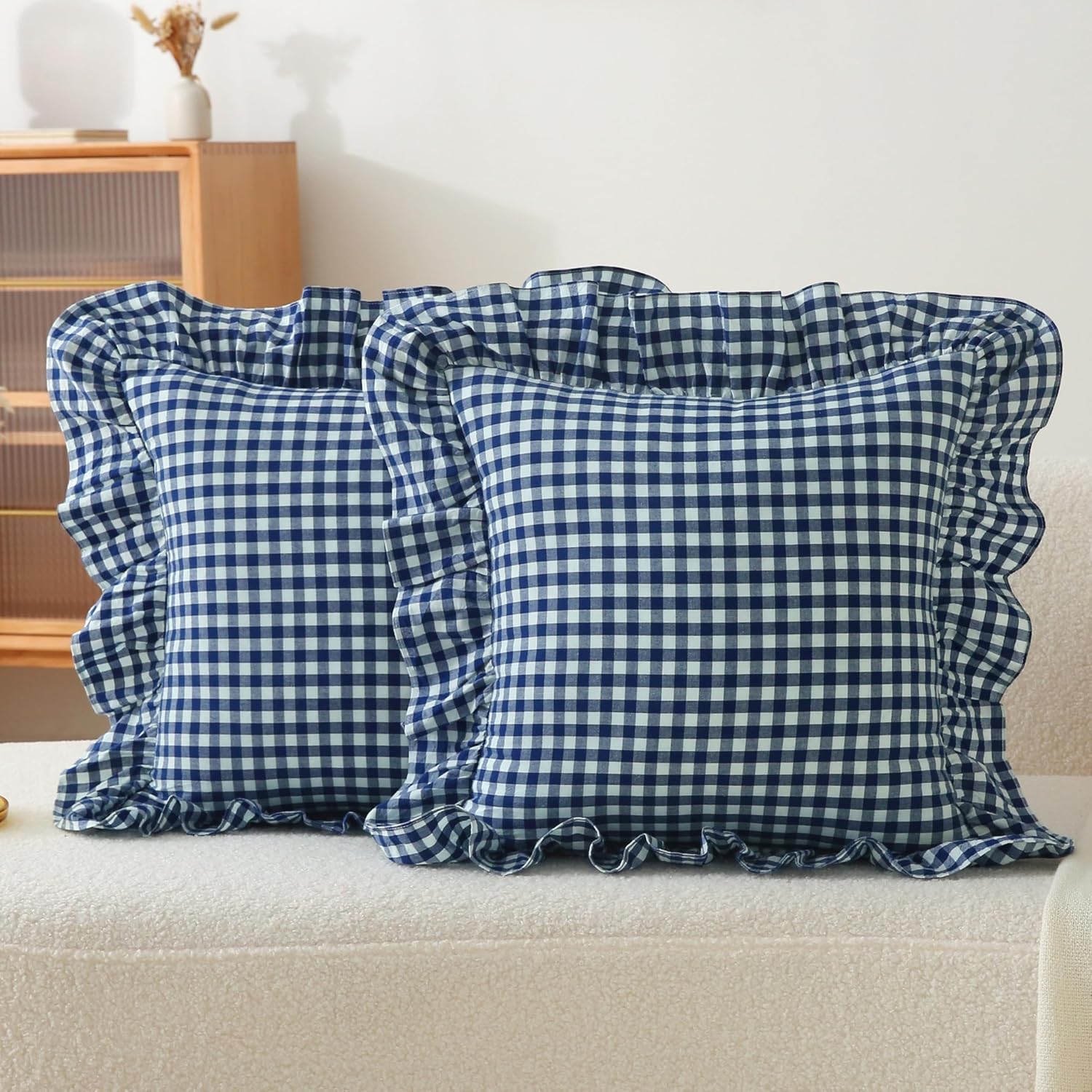 Jilboo 2 Pack 18 x18 inches Navy Blue/White Checkered Throw Pillow Covers 100% Washed Cotton Vintage Ruffle Trim Decorative Gingham Pillowc…