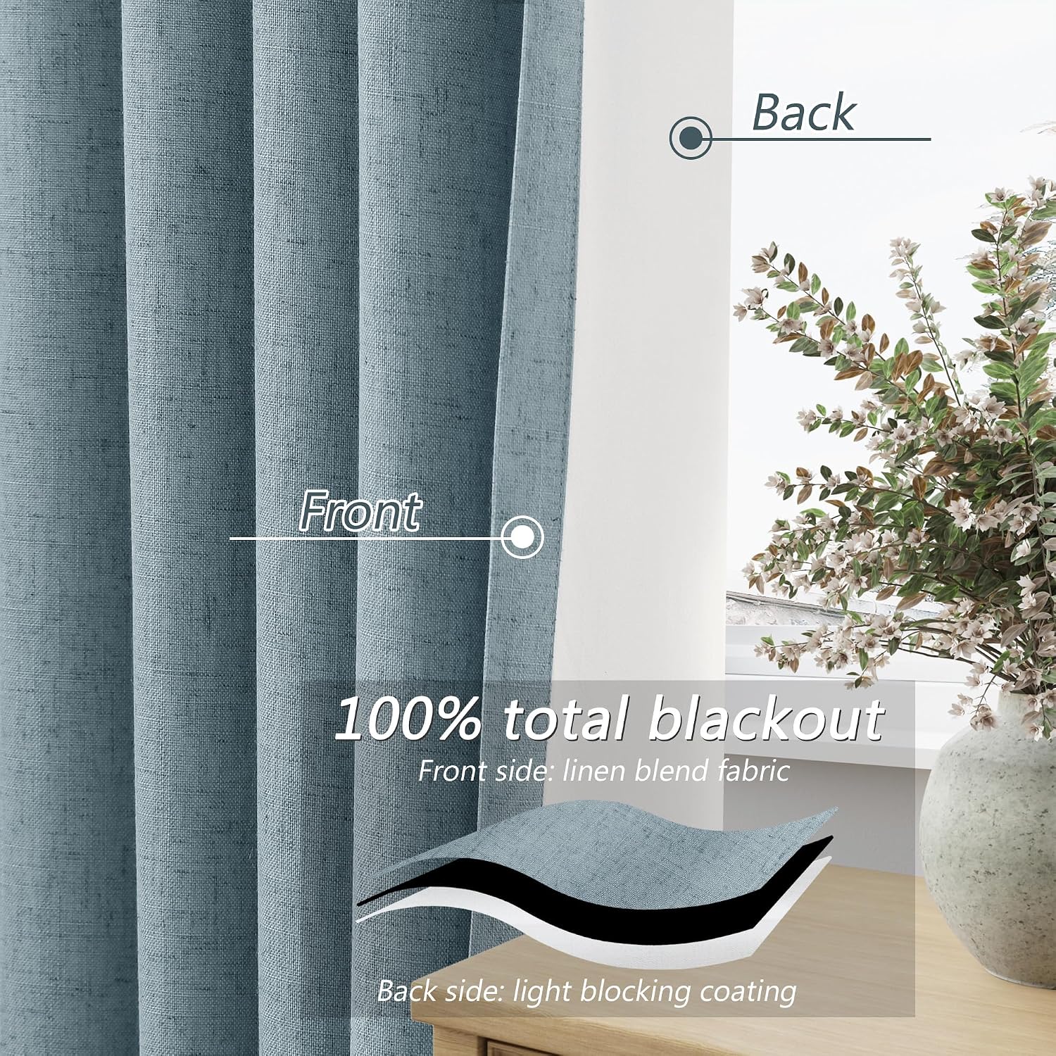 Guken Blue 100% Blackout Linen Curtains 63 Inch Length 2 Panels Set for Living Room Bedroom Back Tab Rod Pocket Thermal Insulated Black Out…