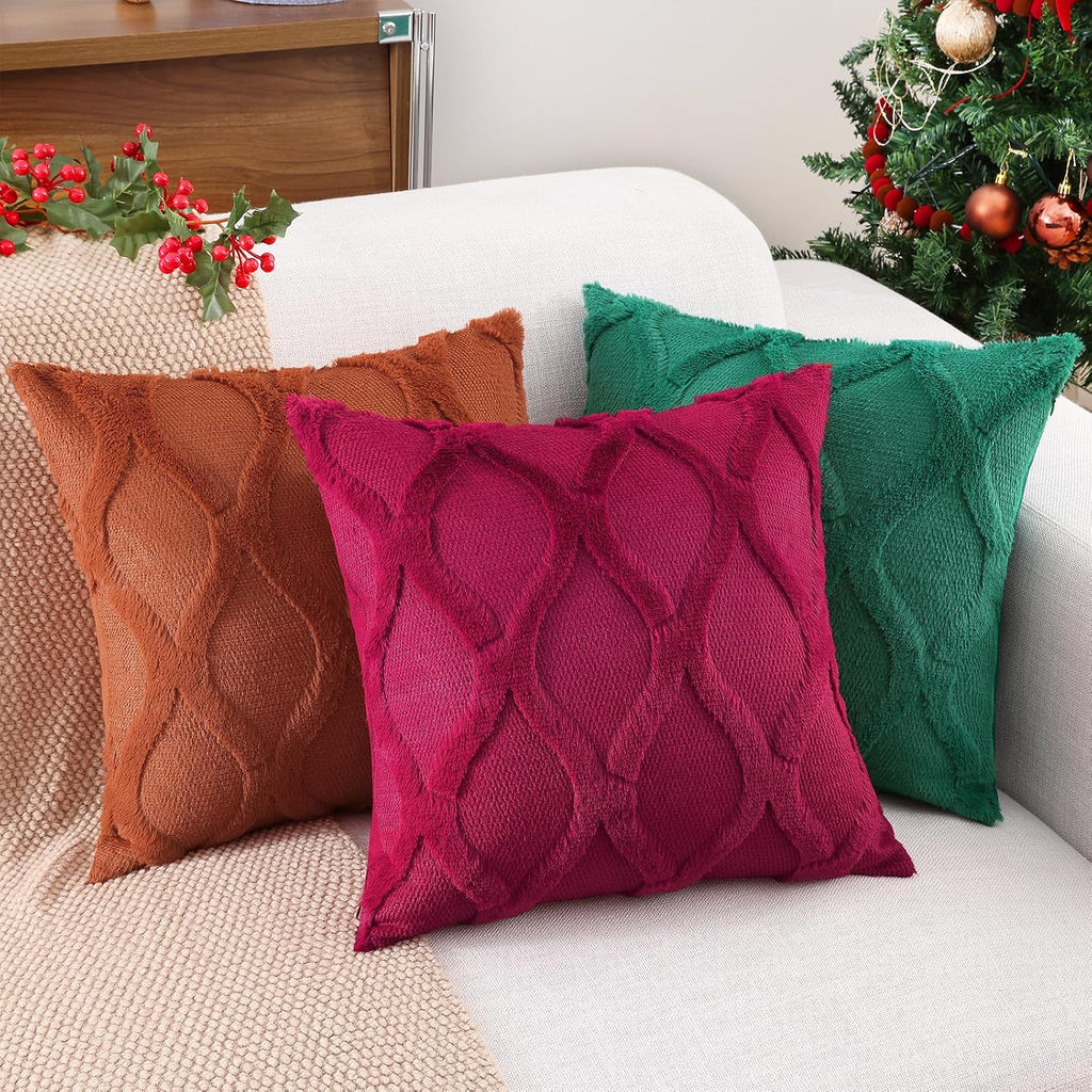 decorUhome Summer Euro Sham Throw Pillow Covers 26x26 Inch Set of 2, Soft Plush Faux Fur Wool Burgundy Accent Couch Pillow Covers for Moder…