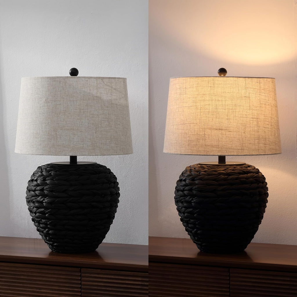 Jonathany JONATHAN Y 24.5" Black Water Hyacinth Farmhouse Basket Table Lamp, Coastal Decor for Living Room Bedroom Nightstand, Light Gray L…