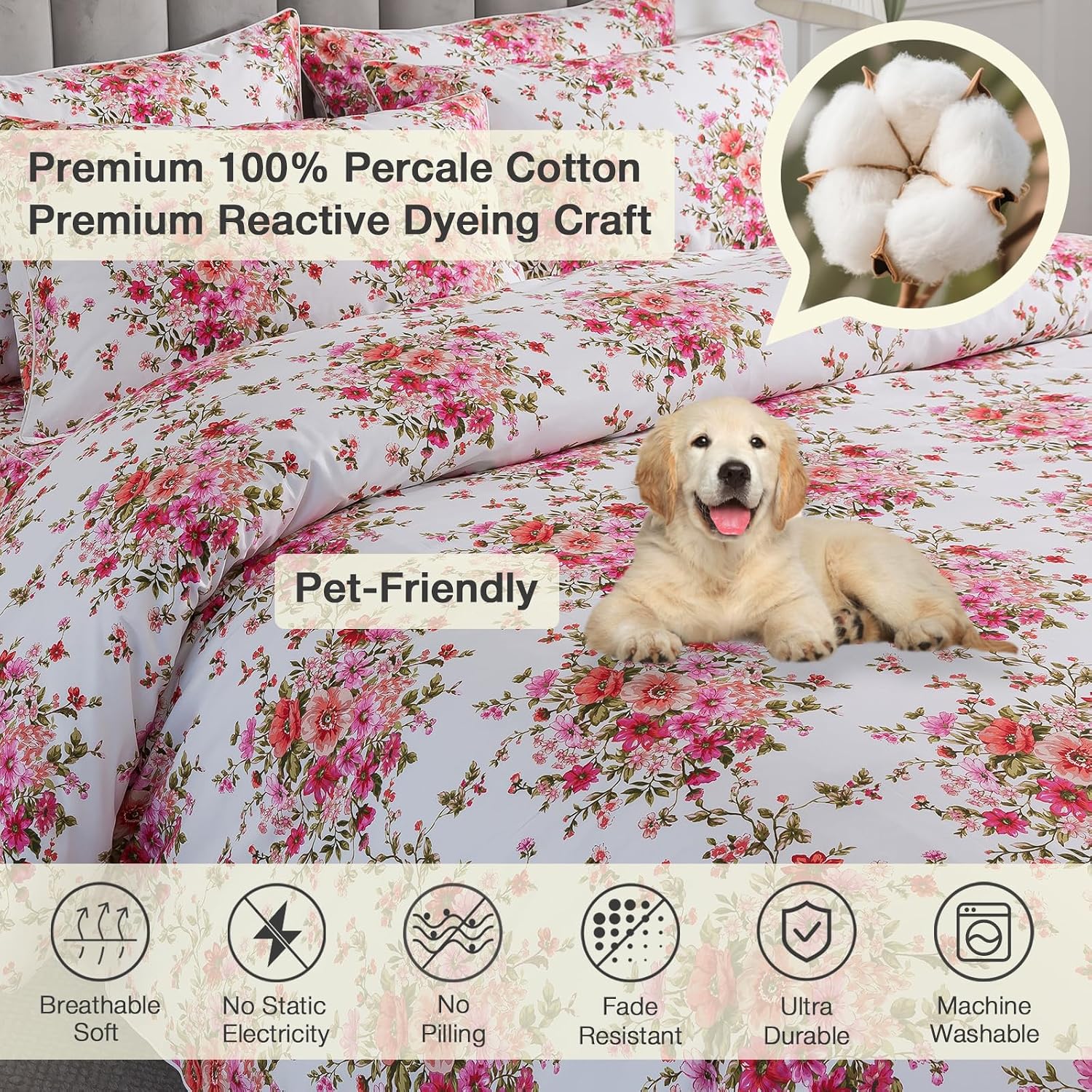 Puralens Pink Floral Boho Duvet Cover Queen Size 100% Cotton 3Pcs Set, White Percale Reversible Shabby Red Flower Print Chic Duvet Covers,…