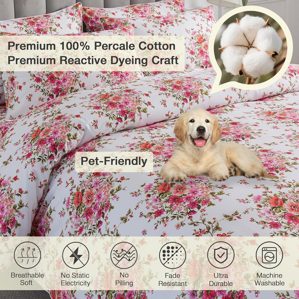 Puralens Pink Floral Boho Duvet Cover King Size 100% Cotton 3Pcs Set, White Percale Reversible Shabby Red Flower Print Chic Duvet Covers, C…