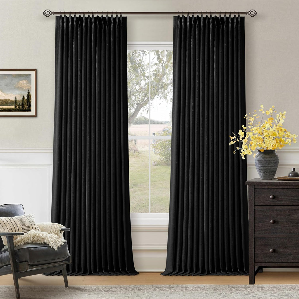 Twodrapes Black 96 Inch Blackout Pinch Pleated Curtains 2 Panel Set for Living Room Darkening Thick Linen Textured 100% Black Out Drapes 96…