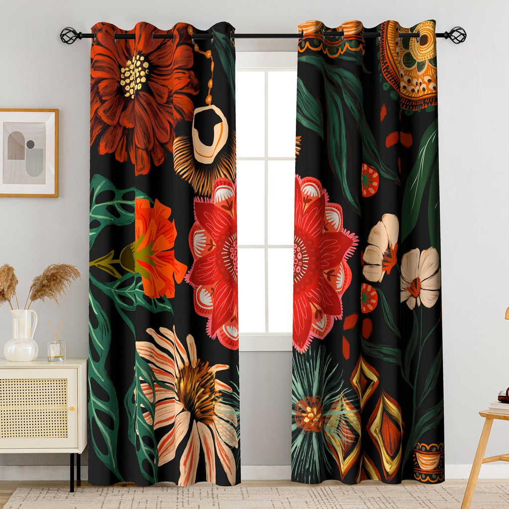 Tyrot Black Boho Floral 100% Blackout Curtains for Living Room 72 inch Long 2 Panels Mid Century Botanical Black Out Curtains for Bedroom…
