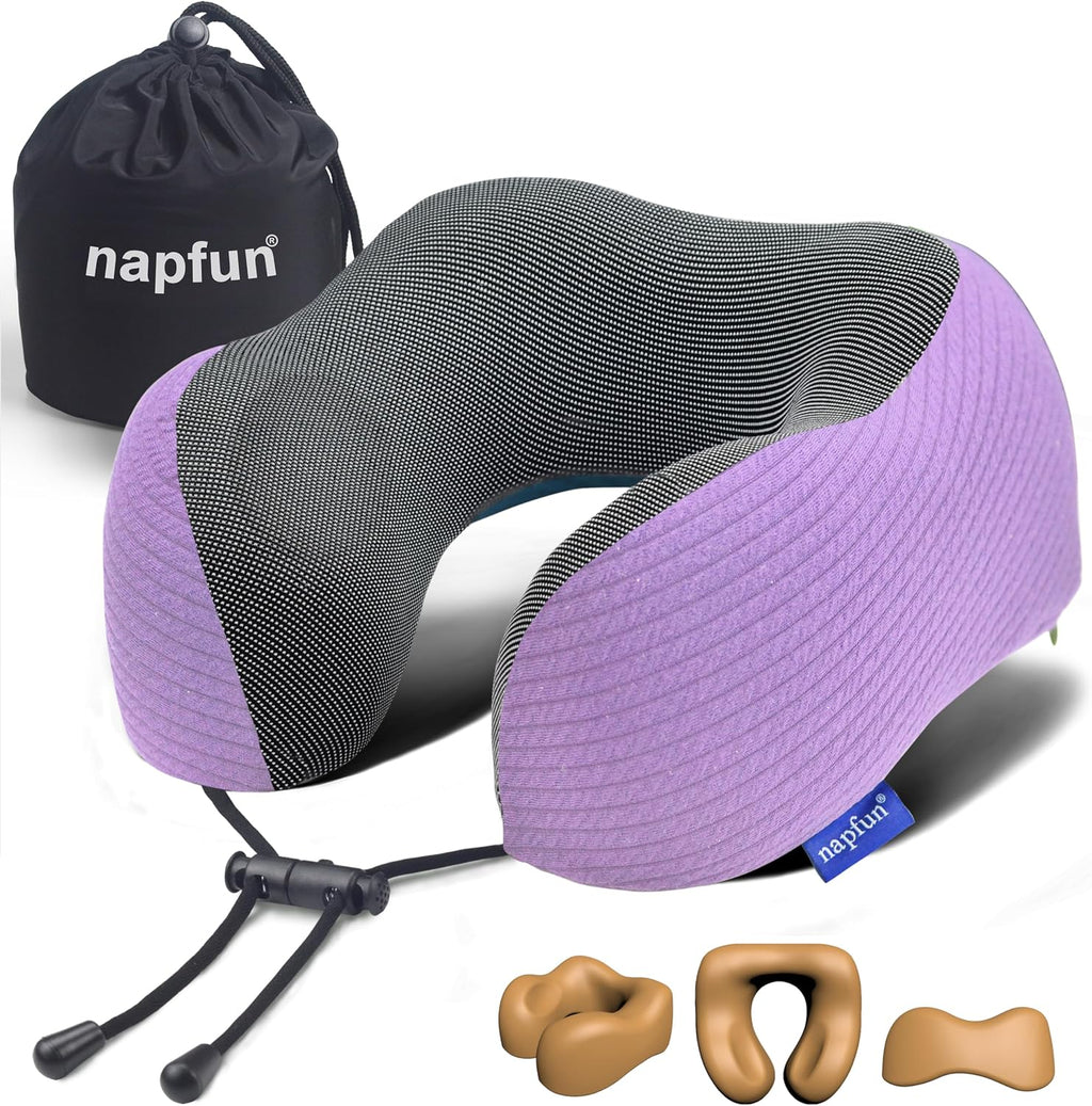 napfun Neck Pillow for Traveling, Upgraded Travel Neck Pillow for Airplane 100% Pure Memory Foam Travel Pillow for Flight Headrest Sleep…