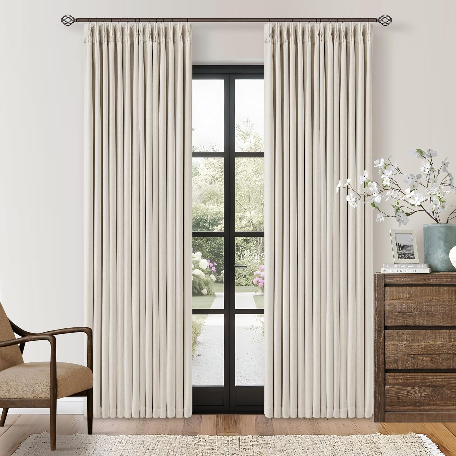 Twodrapes 80 Inch Pinch Pleated Linen Black Out Curtains 2 Panels for Bedroom Living Room Cream 100% Blackout Curtains 80 Inches Long Pinch…