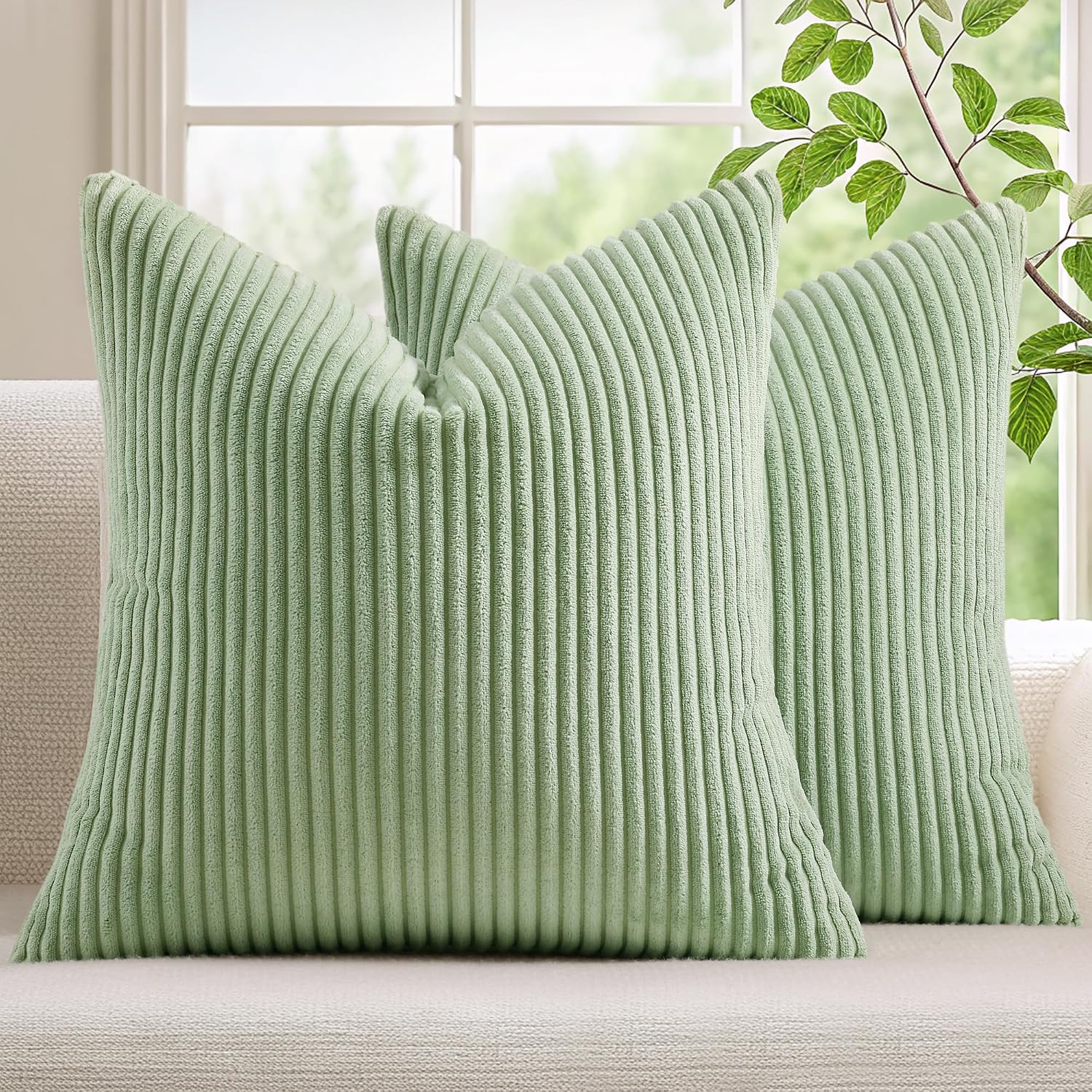 Mecatny Corduroy Summer Decorative Throw Pillow Covers 16x16 Set of 2 for Sofa Living Room, Soft Neutral Boho Couch Pillow Covers for…