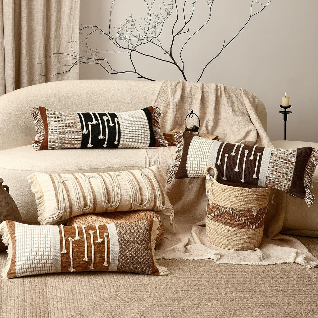 Aibuhome Boho Body Pillow Cover 12x28 Inches, Handwoven Cotton Linen Lumbar Pillow Cover with Tassels, Farmhouse Decorative Cushion Case fo…
