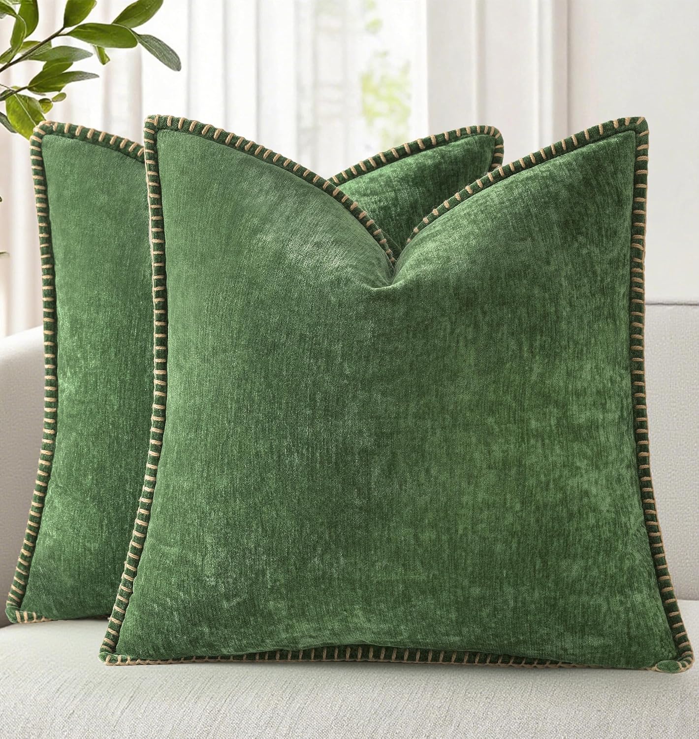 decorUhome Chenille Soft Cozy Throw Pillow Covers 26x26 Set of 2, Modern Farmhouse Boho Velvet Decorative Euro Sham Pillow Cases with Stitc…