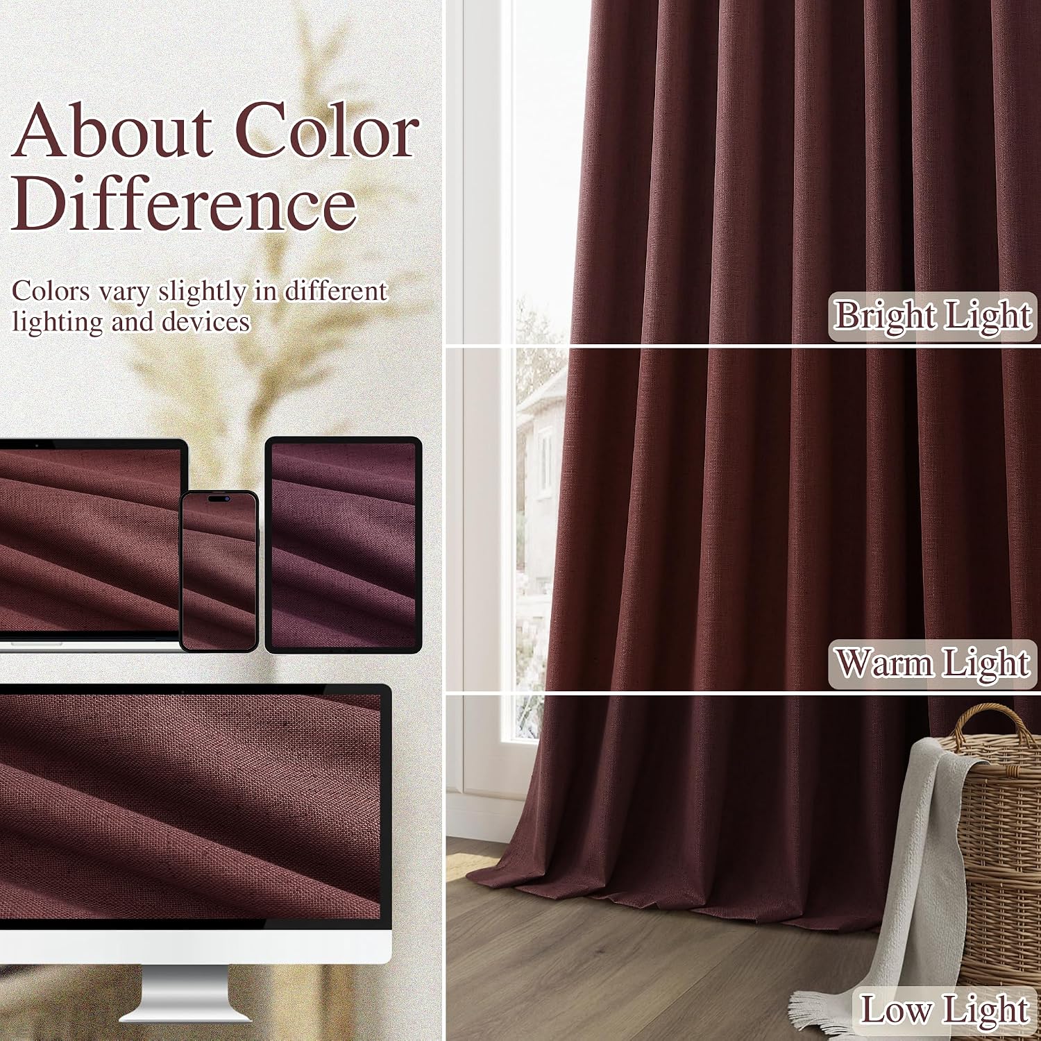 Guken Reddish Brown 100% Blackout Linen Curtains 120 Inch Length 2 Panels Set for Living Room Bedroom Back Tab/Rod Pocket Thermal Insulated…