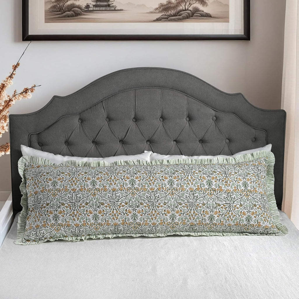 Ridhi Block Print Goldenrod Yellow 54"x20" Set 1-100% Cotton Ruffle Lumbar Sham Cover Boho Floral Pillowcase, Farmhouse Cottagecore…
