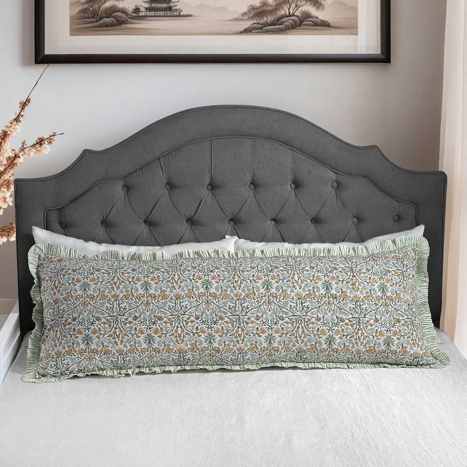 Ridhi Block Print Goldenrod Yellow 54"x20" Set 1-100% Cotton Ruffle Lumbar Sham Cover Boho Floral Pillowcase, Farmhouse Cottagecore…