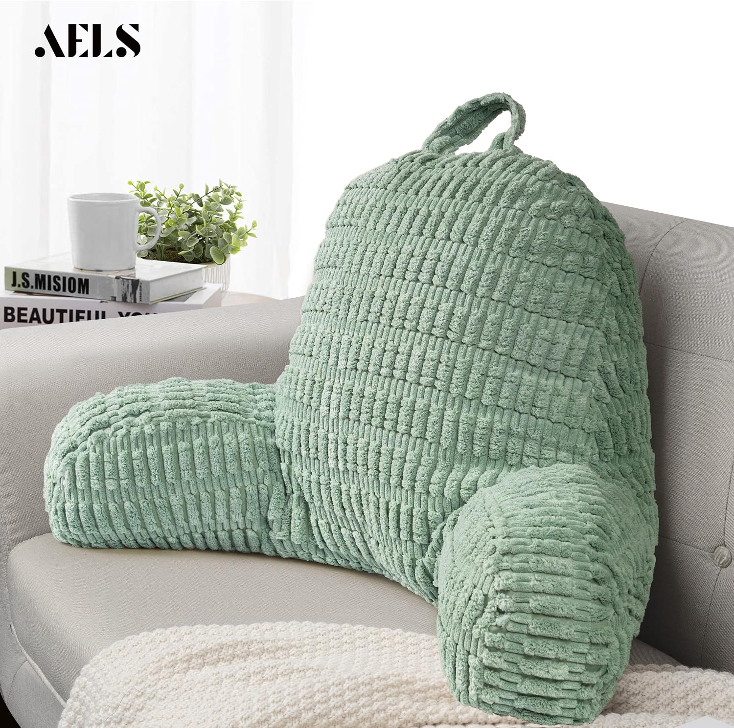 Aels Large Reading Pillow Replacement Cover with Arms and Pockets (Cover ONLY), 18" Soft Corduroy Striped Backrest Pillow Cover Fits Standa…