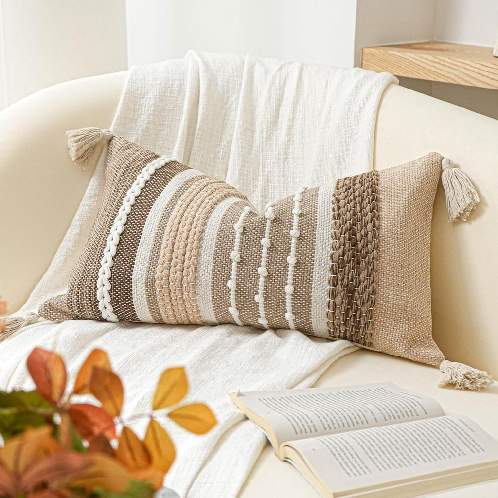BlissBlush Decorative Lumbar Throw Pillow Cover 14x24 Boho Brown Accent Cushion for Couch Sofa Farmhouse Pillowcase for Bedroom Living…