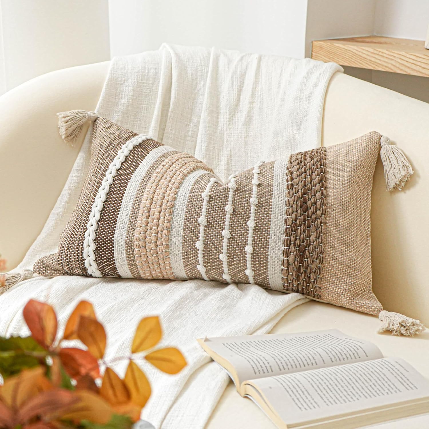 BlissBlush Decorative Lumbar Throw Pillow Cover 14x24 Boho Brown Accent Cushion for Couch Sofa Farmhouse Pillowcase for Bedroom Living…