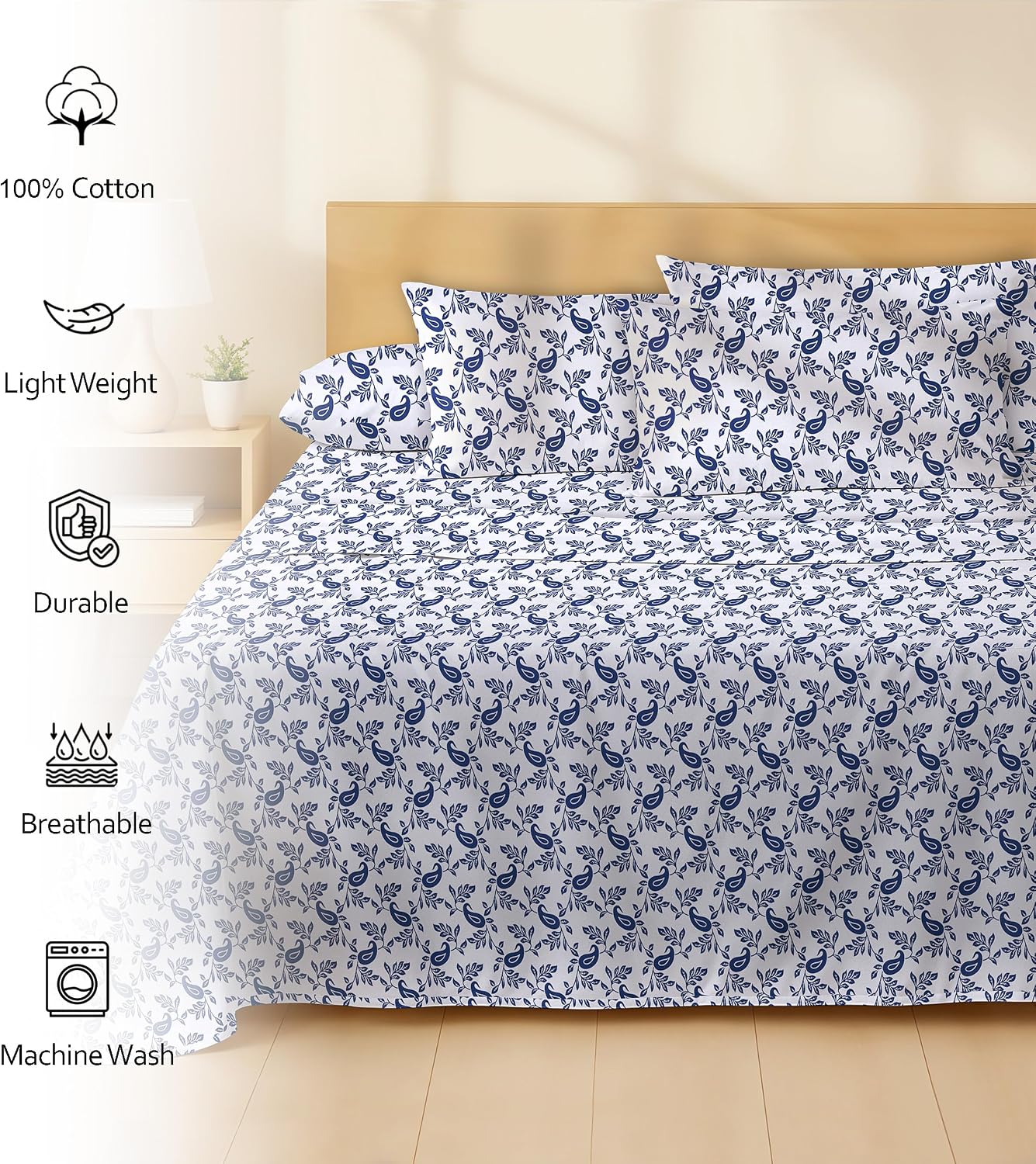 Ruvanti 100% Cotton Percale Sheets King Size 6 Piece Set, Cooling Bed Sheets for Hot Sleepers, Deep Pocket 16”, Breathable Lightweight & Du…