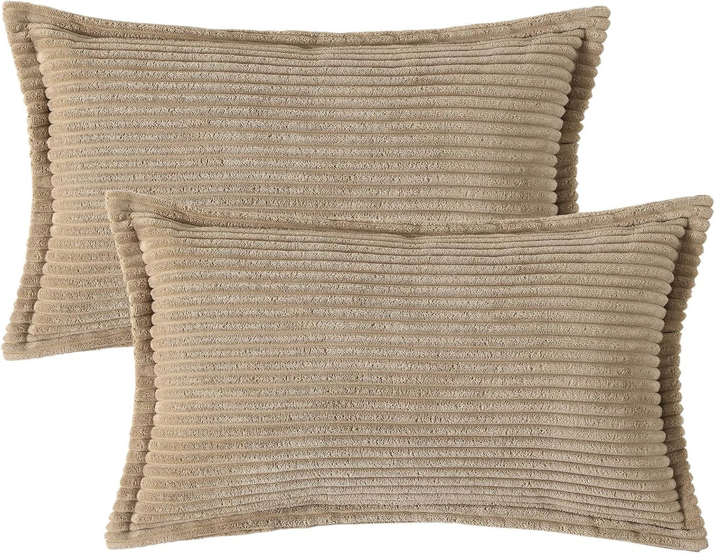 Mecatny Corduroy Summer Throw Pillow Covers 12x20 Set of 2, Neutral Decorative Soft Boho Lumbar Couch Pillow Covers with Broadside for…