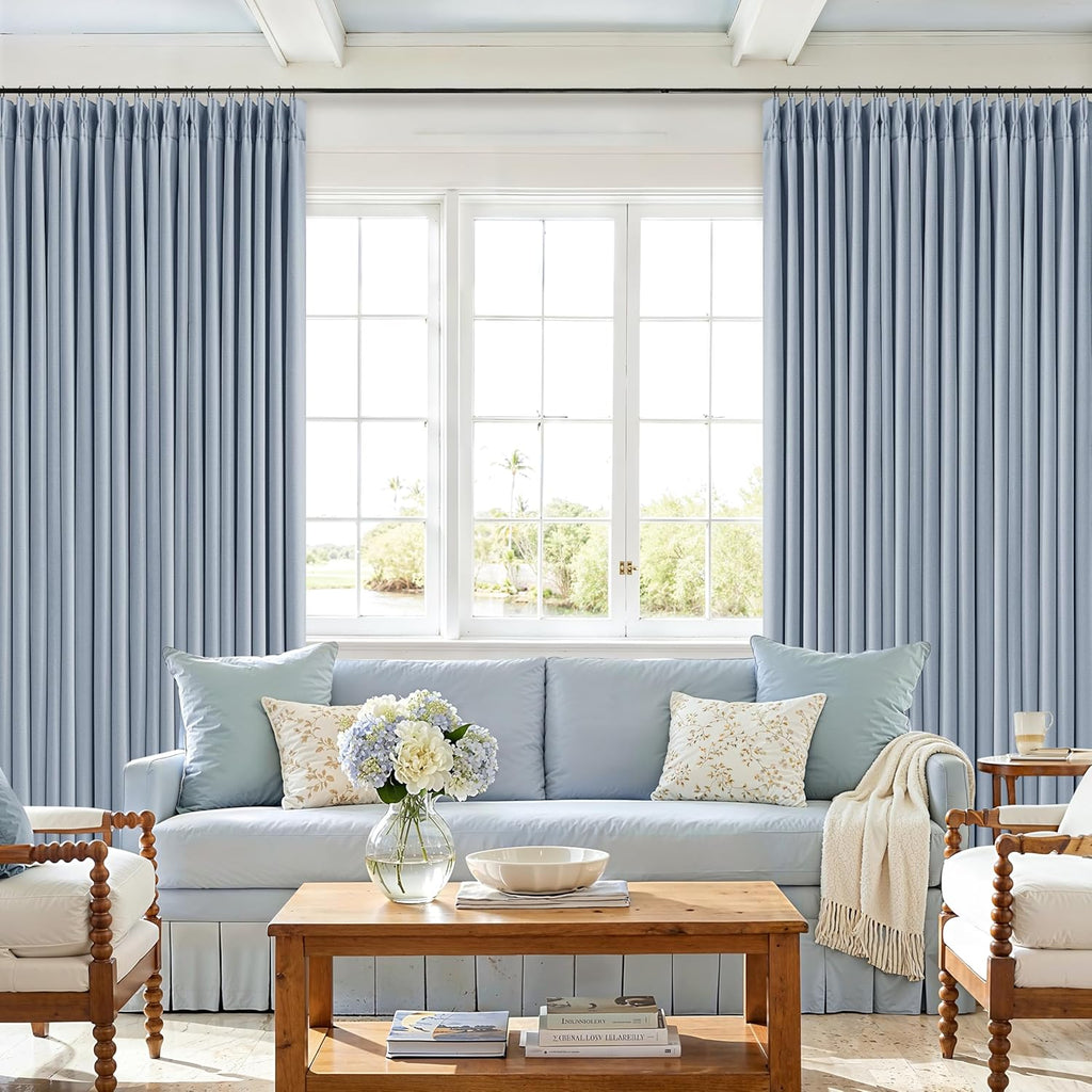 Twodrapes Blue Linen Blackout Pleated 86 Inch Curtains for Living Room Darkening Pinch Pleat 100% Black Out Drapes Thermal Insulated Soundp…