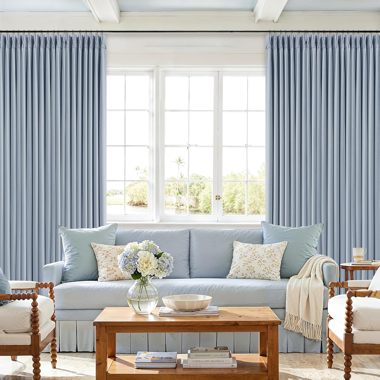 Twodrapes Blue Linen Blackout Pleated 86 Inch Curtains for Living Room Darkening Pinch Pleat 100% Black Out Drapes Thermal Insulated Soundp…