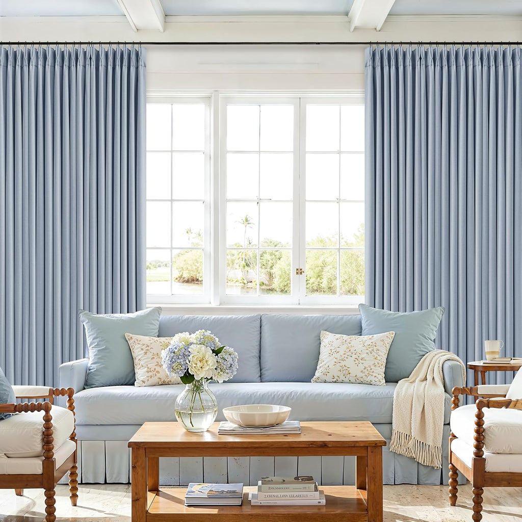 Twodrapes Blue 96 Inch Blackout Pinch Pleated Curtains 2 Panel Set for Living Room Darkening Thick Linen Textured 100% Black Out Drapes 96…