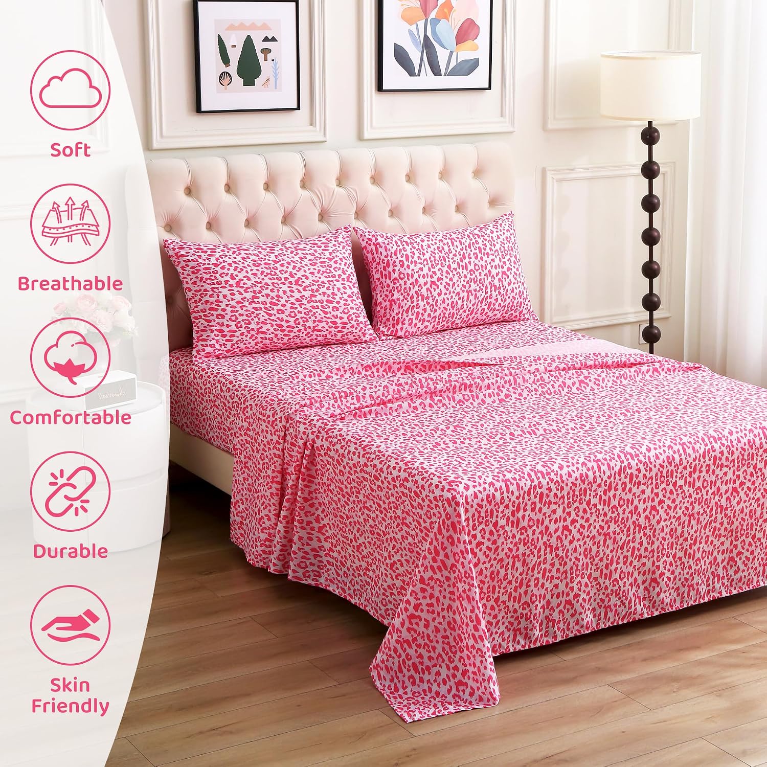 mooreeke Leopard Cheetah Printed Queen Bed Sheets, Soft Microfiber Bedding Sheets & Pillowcases, Deep Pocket Non-Slip Fitted Queen Sheet, P…