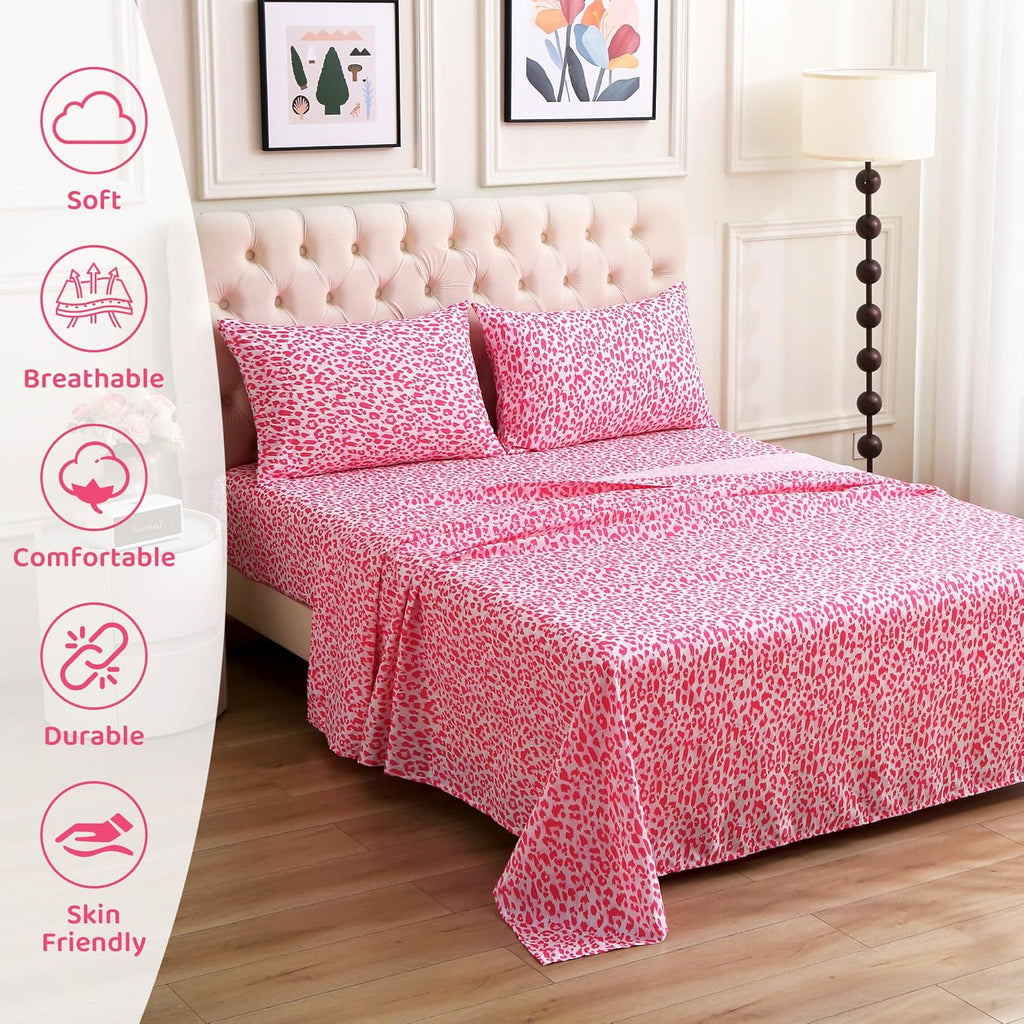 mooreeke Leopard Cheetah Printed Full Bed Sheets, Soft Microfiber Bedding Sheets & Pillowcases, Deep Pocket Non-Slip Fitted Full Sheet, Pin…