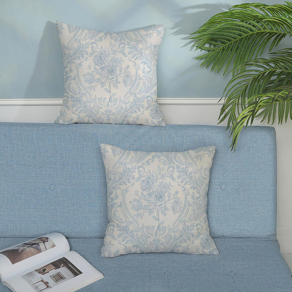 Baby Blue Pillow Covers 18x18 Inch Set of 2 Block Print Floral Throw Pillows Vintage Flower Decorative Boho Outdoor Pillow Cases…