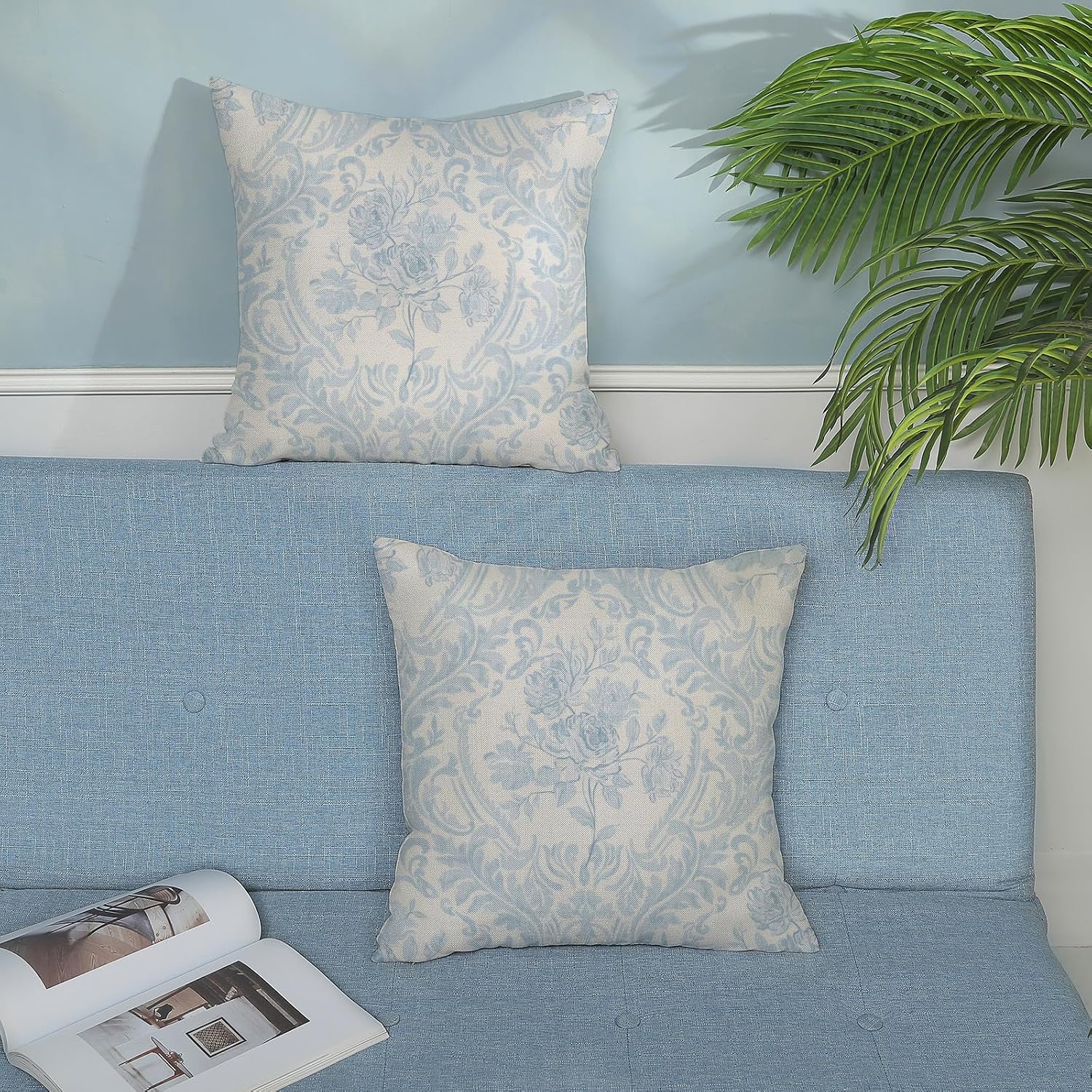 Baby Blue Pillow Covers 18x18 Inch Set of 2 Block Print Floral Throw Pillows Vintage Flower Decorative Boho Outdoor Pillow Cases…