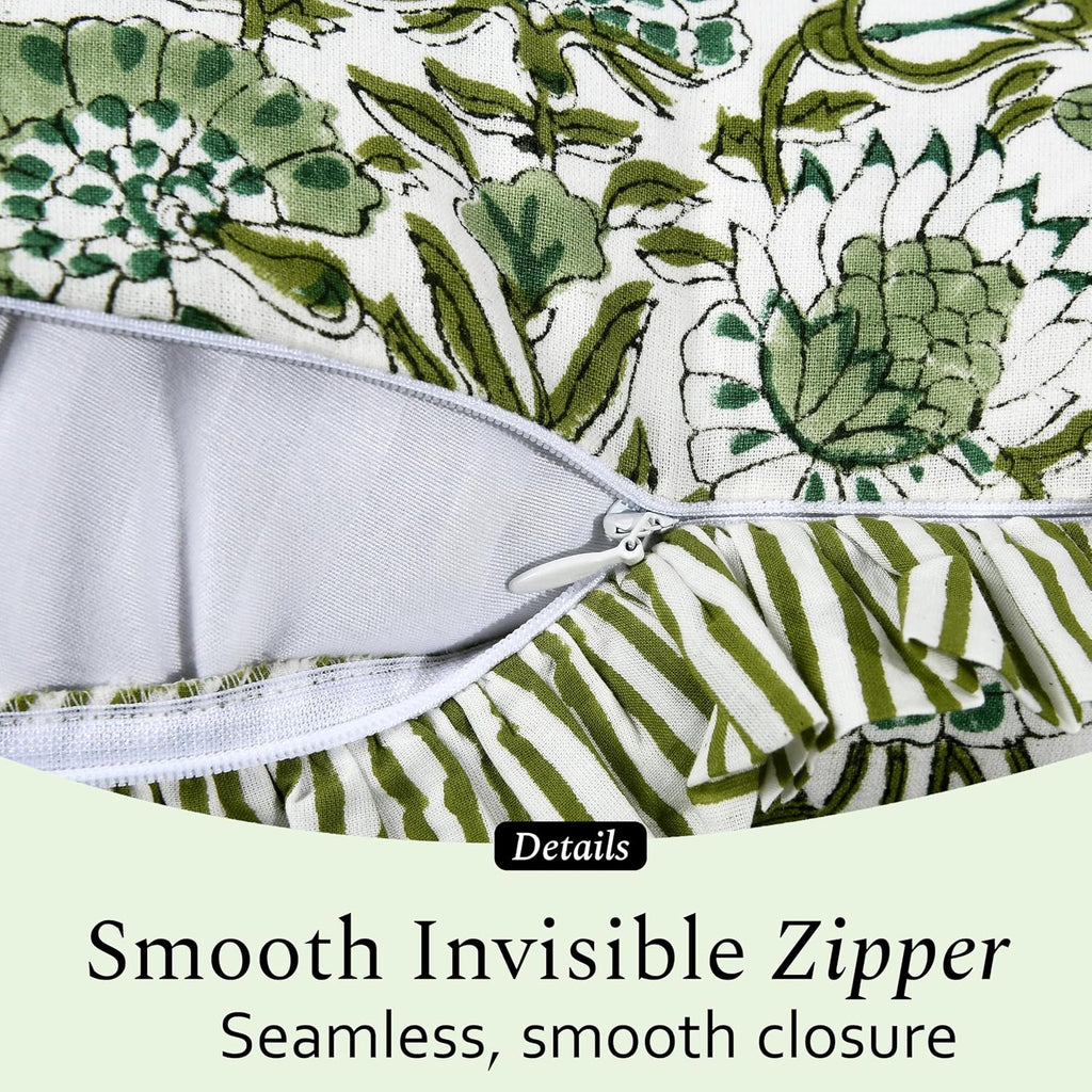 Cottonprintclub CPC Hand Block Print Agate Green Ruffle Sham Pillow Cover 54" x 20" inch Hidden Zipper Decorative Pillowcase for Couch, Bed…