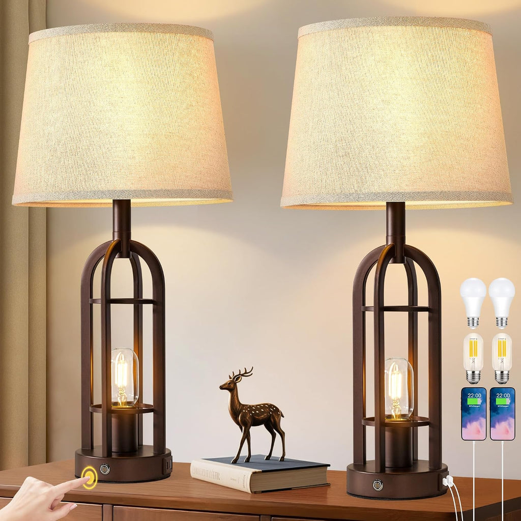 SRJJA 24" Table Lamps for Living Room Set of 2, Rustic Farmhouse 3-Way Dimmable Touch Industrial Bedside Lamps with USB A+C for Bedroom…